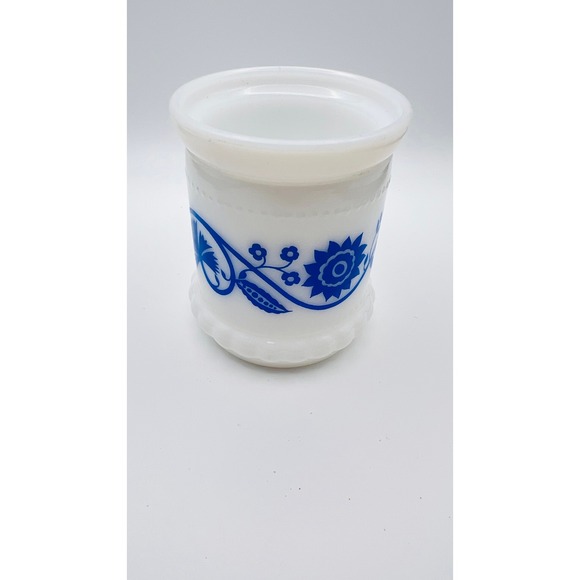 Vintage Milk Glass Blue Floral Toothbrush Holder Vanity Jar Scalloped Base - Picture 2 of 8
